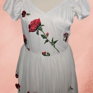 White Dress with Red Rose Embroidery